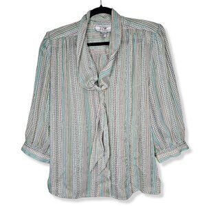 Vintage TJW By Mervyns Striped Button Up Blouse Balloon Sleeve Built in Scarf